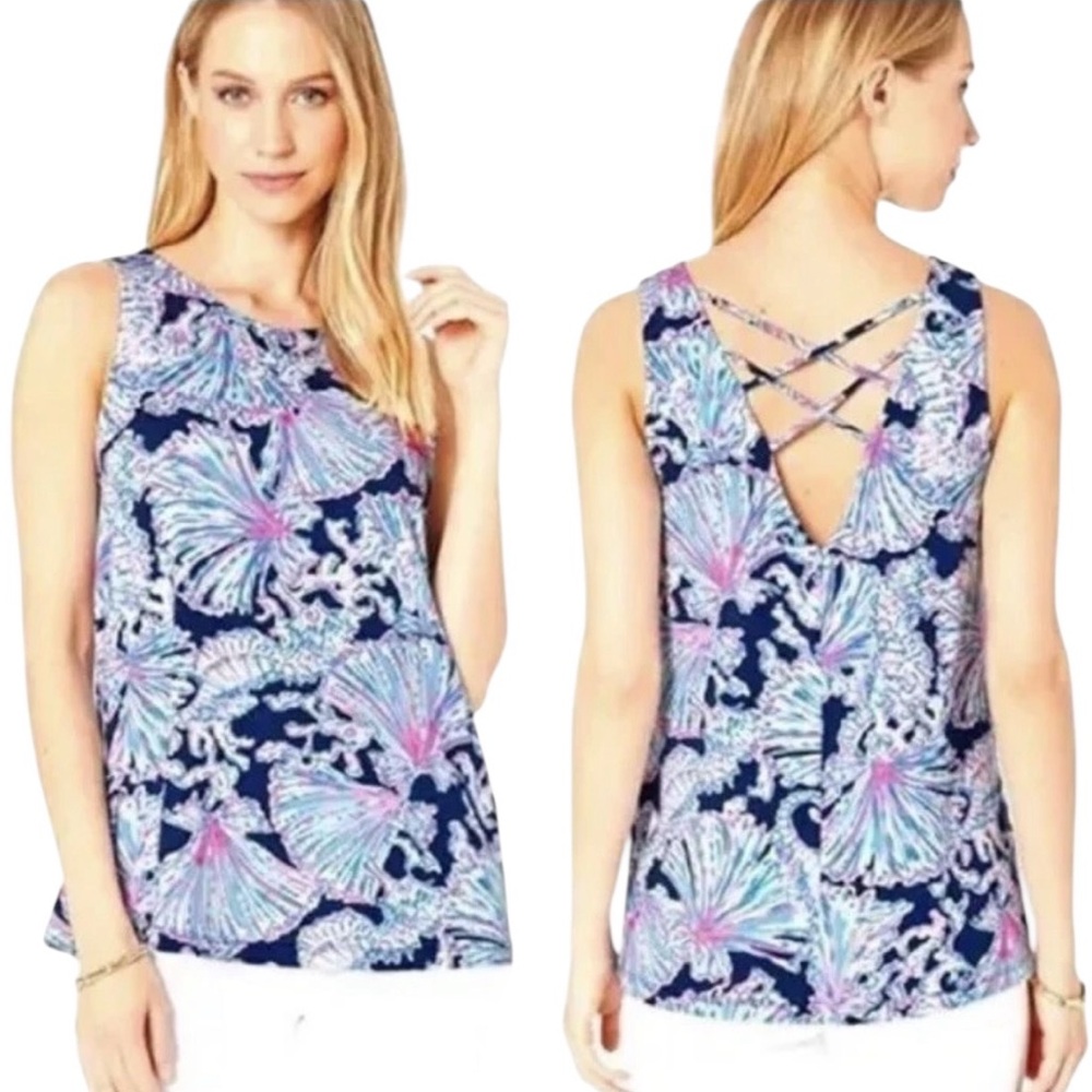 Lilly Pulitzer Kristen Swing Tank Top in Deep Sea Navy Shells Bells - M